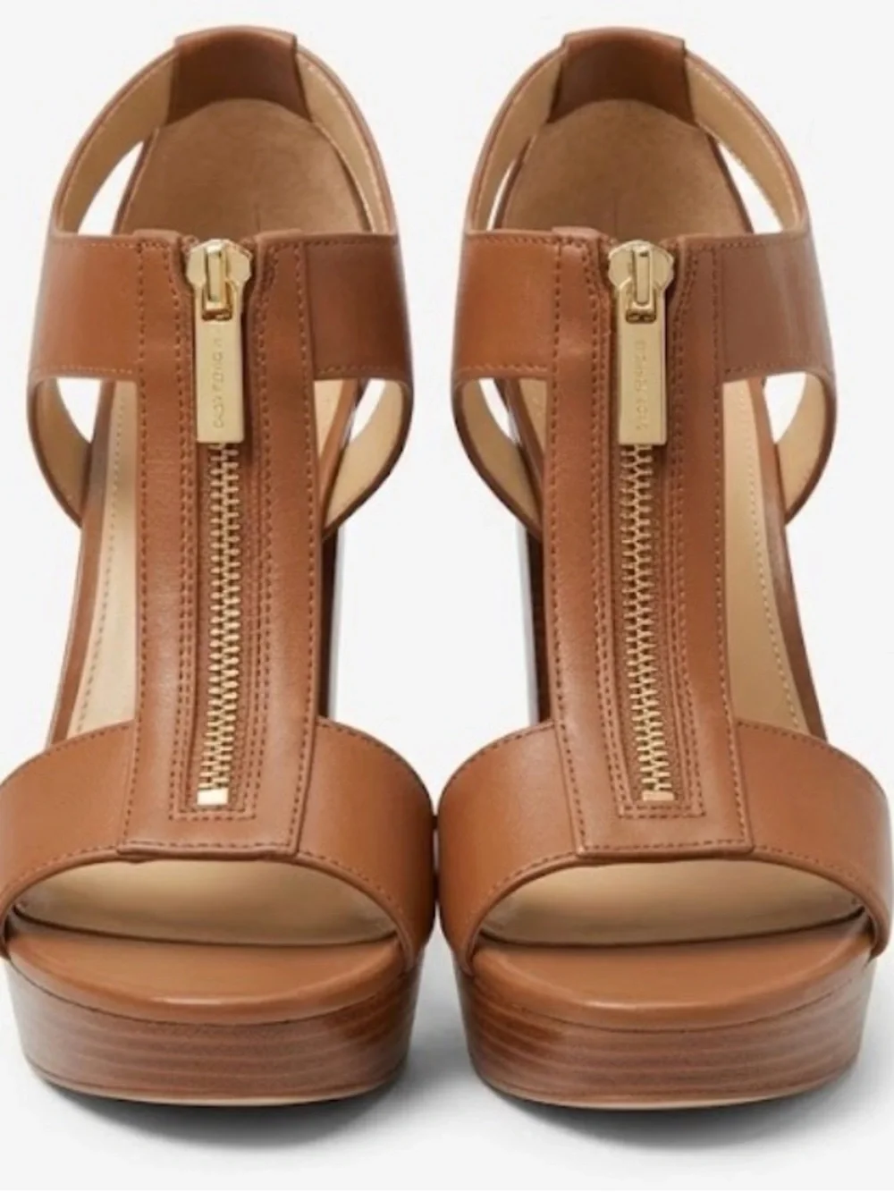 Michael Kors Tan Leather Platform T-Strap Sandals with Gold Zip